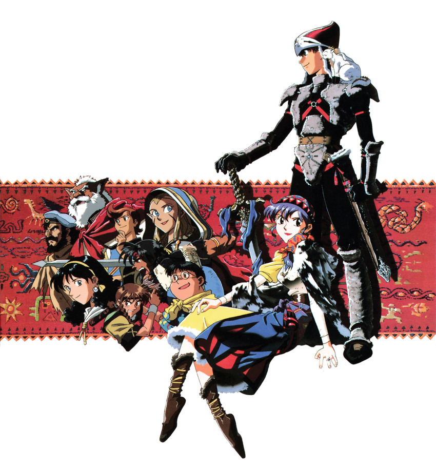1990s_(style) 4girls 6+boys alex_noah beard black_eyes black_hair blonde_hair blue_eyes boots braid brown_hair circlet dark-skinned_male dark_skin earrings facial_hair hand_on_own_knee hat helmet highres holding holding_sword holding_weapon hood hood_up invisible_chair jessica_de_alkirk jewelry kyle_(lunar) laike long_hair long_sleeves looking_at_viewer luna_noah lunar lunar:_the_silver_star mel_de_alkirk mia_ausa multiple_boys multiple_girls nall_(lunar) nash_rumack non-web_source official_art open_mouth pointy_ears profile ramus red_hair red_lips retro_artstyle round_eyewear semi-rimless_eyewear sheath short_hair sitting smile standing sword tempest weapon white_hair wristband