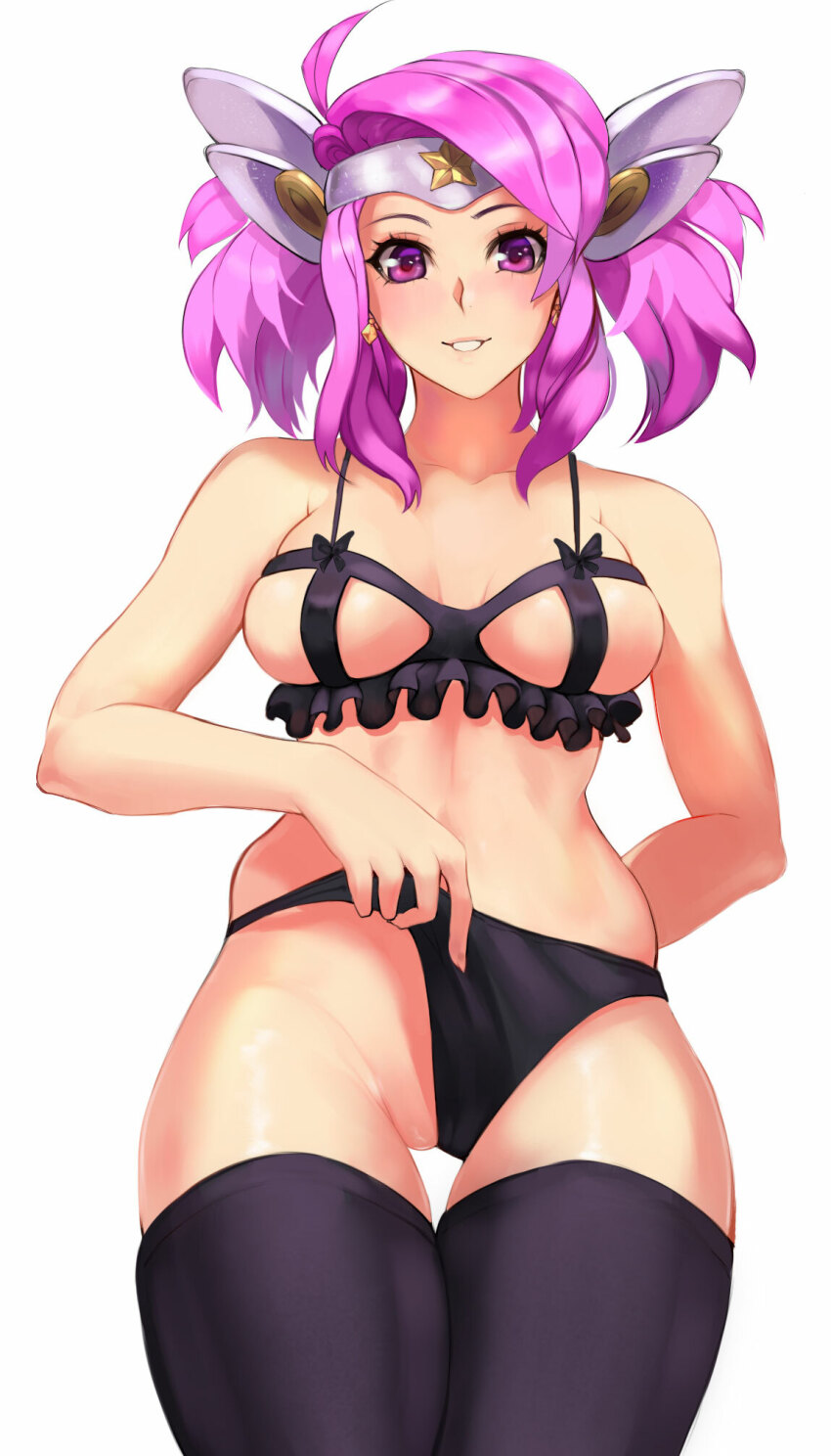 1girl bare_arms bare_shoulders black_panties black_thighhighs breasts collarbone frills from_below hair_ornament highres kirani large_breasts league_of_legends long_hair looking_at_viewer lux_(league_of_legends) medium_hair panties pink_hair shiny_skin skindentation smile solo star_guardian_(league_of_legends) star_guardian_lux teeth thighhighs twintails underwear