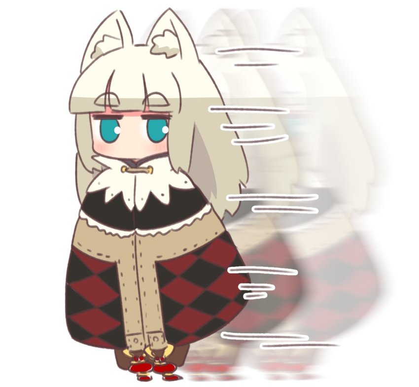 1girl 7th_dragon 7th_dragon_(series) afterimage animal_ear_fluff animal_ears argyle blue_eyes blunt_bangs blush boots brown_boots cloak grey_hair highres ikurakun_(7th_dragon) jitome long_hair looking_at_viewer mage_(7th_dragon) motion_lines naga_u short_eyebrows simple_background solo speed_lines thick_eyebrows white_background