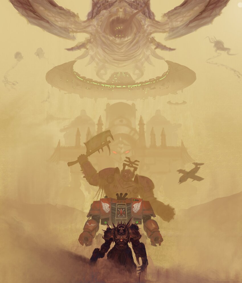 3boys absurdres adeptus_astartes aircraft airplane alien arm_cannon armor axe battle_axe blood blood_angels bloody_weapon bolter breastplate cannon chain chain_axe chaos_(warhammer) chaos_space_marine clawed_gauntlets claws collegia_titanica commentary day dreadnought_(warhammer_40k) dust dust_cloud eldritch_abomination english_commentary exhaust exhaust_pipe eyes_of_horus_(warhammer_40k) fake_horns fighter_jet from_behind full_armor gauntlets glowing glowing_eyes gun helmet highres holding holding_axe holding_weapon horned_helmet horns imperium_of_man looking_at_viewer mecha military military_vehicle monster multiple_boys necron outdoors pauldrons power_armor red_eyes robot science_fiction sharp_teeth ship shoulder_armor shoulder_cannon sign_of_khorne solo spacecraft spiked_armor spikes standing teeth terminator_armor thefearmaster tongue tyranid warhammer_40k watercraft weapon