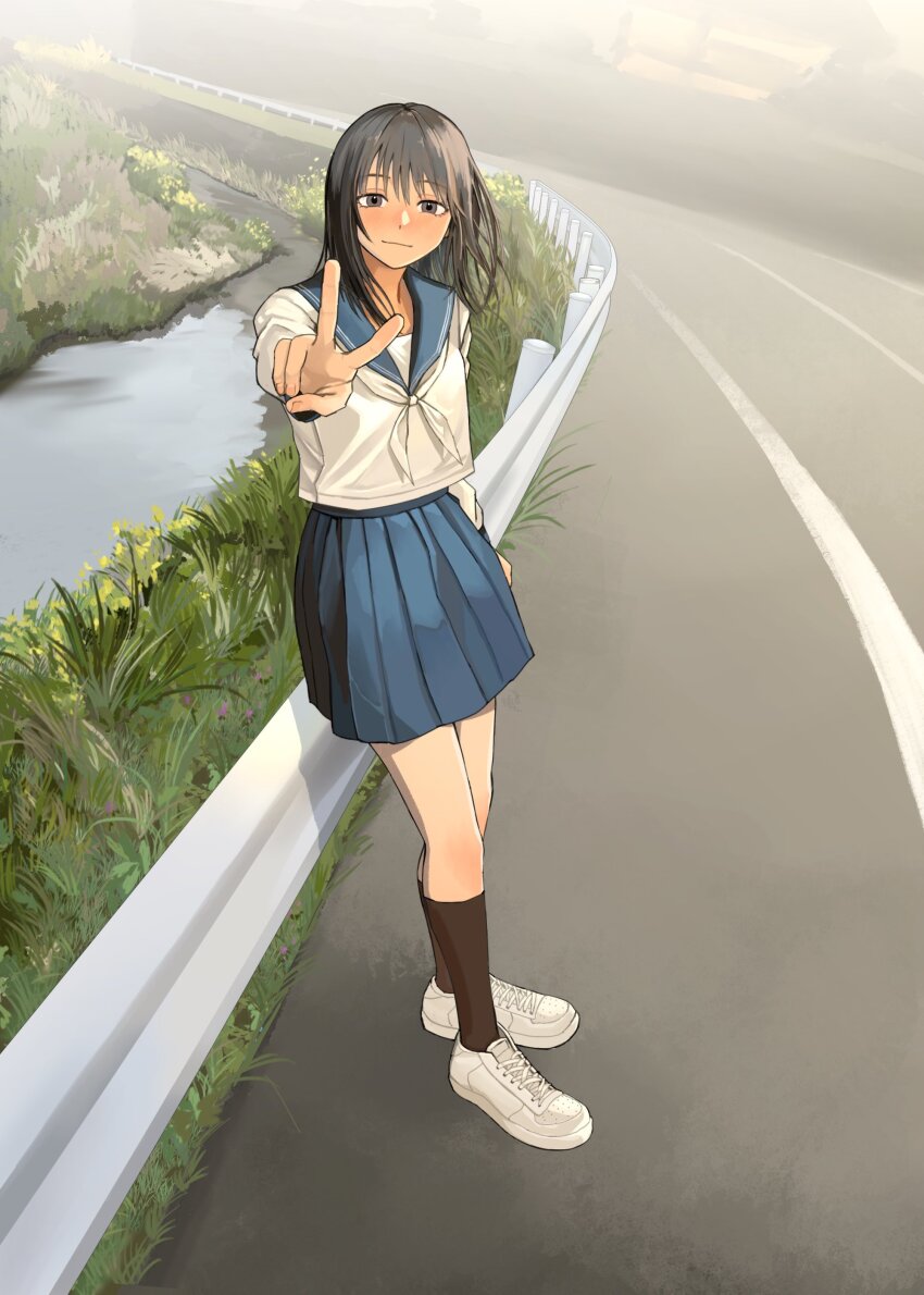 1girl absurdres black_eyes black_hair black_socks blue_skirt closed_mouth day fog highres kneehighs leaning long_hair long_sleeves looking_at_viewer mmmo3 neckerchief original outdoors pleated_skirt road sailor_collar school_uniform serafuku shoes skirt sneakers socks solo standing thighs v white_neckerchief white_serafuku white_sneakers