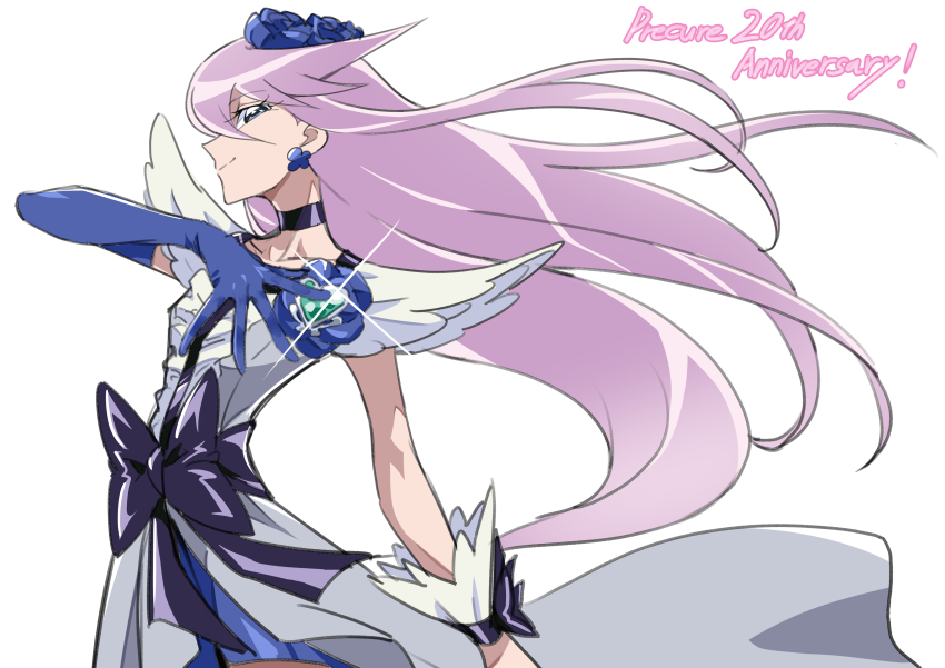absurdres anniversary black_choker blue_eyes bow brooch choker cure_moonlight dress earrings elbow_gloves flower flower_earrings gloves grey_dress hair_flower hair_ornament heartcatch_precure! highres jewelry long_hair precure purple_hair single_glove single_wrist_cuff tsukikage_oyama tsukikage_yuri waist_bow white_background wrist_cuffs