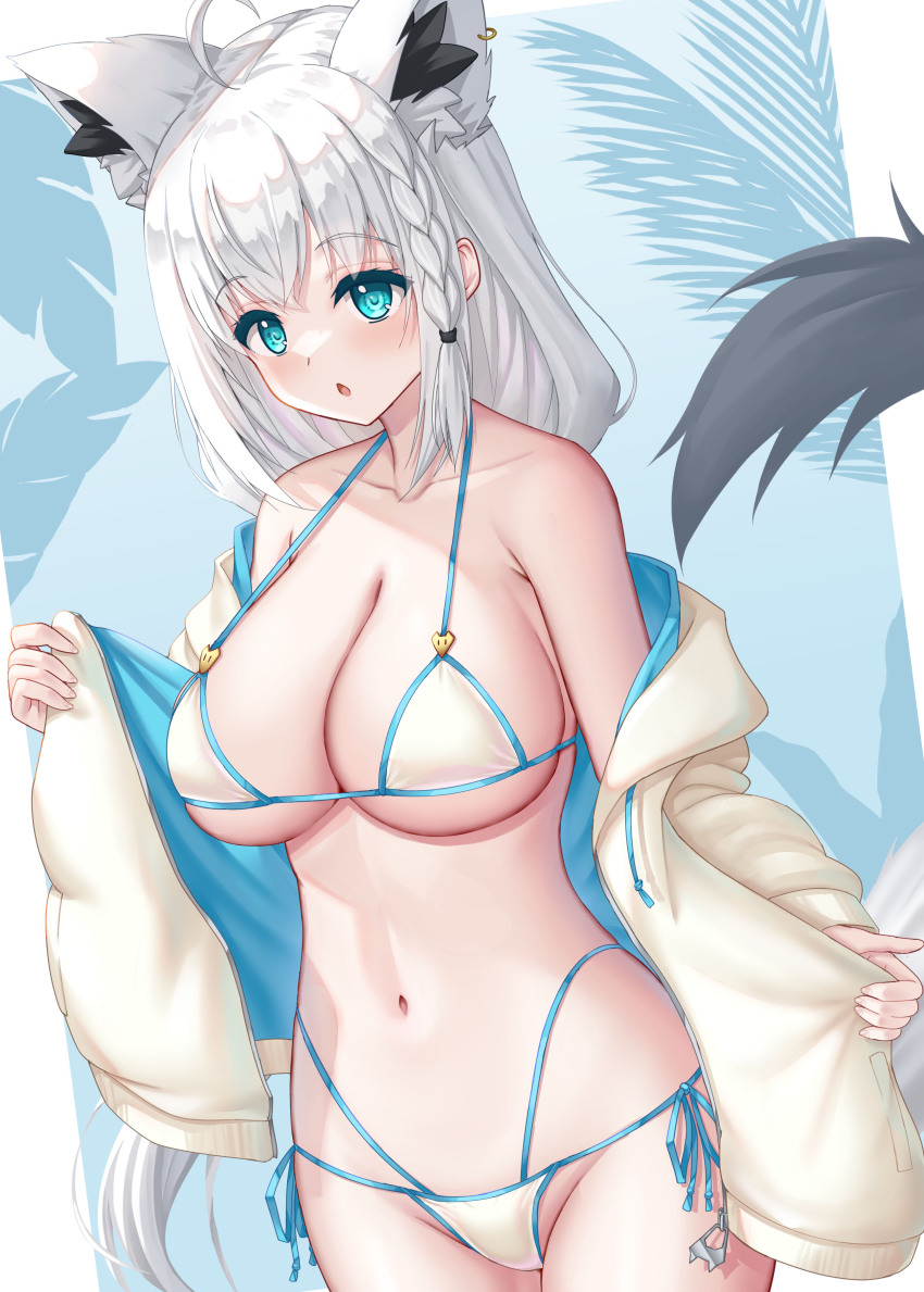 1girl absurdres ahoge alternate_breast_size animal_ear_fluff animal_ear_piercing animal_ears aqua_eyes bikini blue_jacket braid breasts cleavage commentary double-parted_bangs extra_ears fox_ears fox_girl fox_tail hair_between_eyes halterneck highres holding holding_jacket holding_unworn_clothes hololive jacket knees_out_of_frame large_breasts long_hair looking_at_viewer low_ponytail micro_bikini multi-strapped_bikini_bottom off_shoulder open_mouth ponytail shirakami_fubuki side_braid sidelocks single_braid solo standing stomach swimsuit symbol-only_commentary tail two-sided_fabric two-sided_jacket uehiro unworn_jacket virtual_youtuber white_bikini white_hair white_jacket