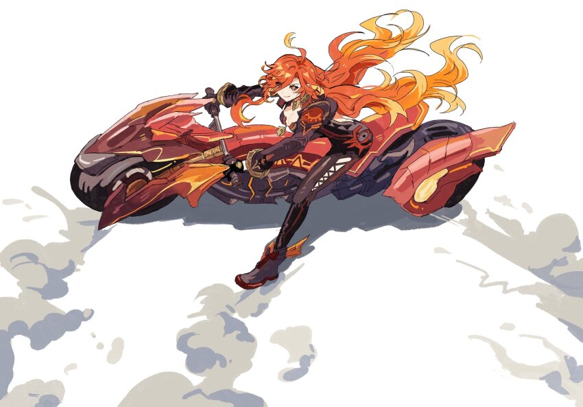 1girl ahoge akira_(manga) akira_slide biker_clothes bikesuit black_bodysuit black_gloves bodysuit breasts cleavage dada_dain drifting earrings full_body genshin_impact gloves highres jewelry long_hair long_sleeves looking_at_viewer mavuika_(genshin_impact) motor_vehicle motorcycle multicolored_hair on_motorcycle orange_eyes orange_hair parody red_hair riding simple_background smile solo two-tone_hair very_long_hair white_background