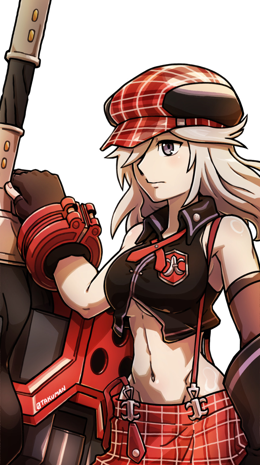 1girl absurdres alisa_ilinichina_amiella armpit_crease bare_shoulders black_gloves black_vest blue_eyes bracer breasts newsboy_cap closed_mouth commentary cowboy_shot cropped_vest elbow_gloves english_commentary fingerless_gloves gloves god_eater god_eater_burst grey_eyes grey_hair groin hair_between_eyes hat highres huge_weapon large_breasts long_hair navel otakuman plaid_clothes plaid_skirt planted planted_sword planted_weapon red_hat red_skirt sidelocks simple_background single_elbow_glove skirt solo standing stomach suspender_skirt suspenders suspenders_slip sword twitter_username underboob vest weapon white_background