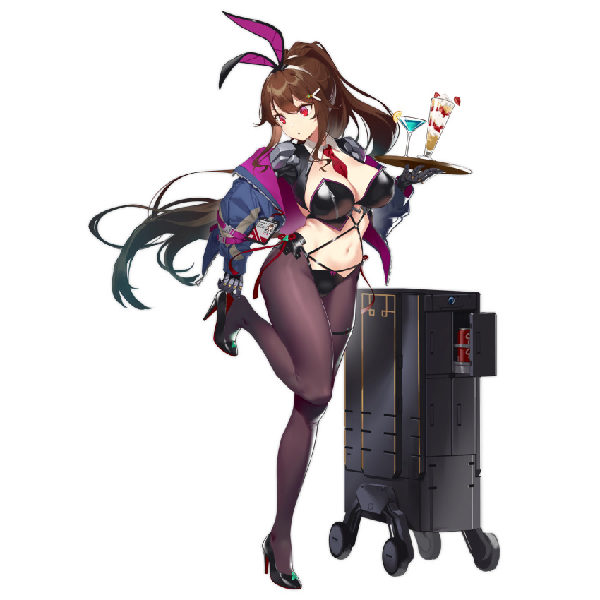 1girl :o adjusting_footwear animal_ears between_breasts bikini black_bikini black_pantyhose black_shoes blue_jacket breasts brown_hair buckle can cleavage cocktail_glass cup cup_holder detached_collar drink_can drinking_glass fake_animal_ears fangdan_runiu food footwear_ornament fruit full_body girls&#039;_frontline hair_ornament high_heels high_ponytail highres holding holding_tray id_card jacket js_9_(girls&#039;_frontline) js_9_(parfait_martini)_(girls&#039;_frontline) lanyard large_breasts leotard long_hair long_sleeves looking_to_the_side mechanical_arms meme_attire mole mole_under_eye navel necktie necktie_between_breasts o-ring o-ring_bikini official_alternate_costume official_art pantyhose parfait parted_lips playboy_bunny ponytail prosthesis prosthetic_arm purple_jacket rabbit_ears red_eyes red_necktie reverse_bunnysuit reverse_outfit revision shoes simple_background snap-fit_buckle soda_can solo standing standing_on_one_leg strawberry_parfait swimsuit thigh_strap third-party_source transparent_background tray two-sided_fabric two-sided_jacket very_long_hair weapon_case wheel zipper zipper_bikini