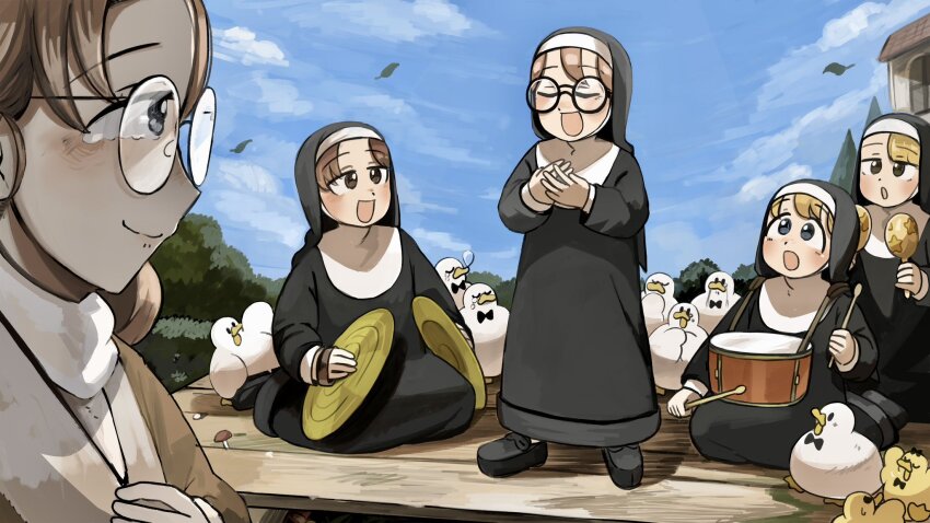 5girls :d aged_down baby_animal bird black_footwear blonde_hair blue_eyes brown_eyes brown_hair chicken closed_eyes clumsy_nun_(diva) commentary cymbals diva_(hyxpk) drum drumsticks duck duckling english_commentary glasses glasses_nun&#039;s_mother_(diva) glasses_nun_(diva) highres holding holding_instrument holding_maracas hungry_nun_(diva) instrument little_nuns_(diva) maracas multiple_girls music nun open_mouth outdoors round_eyewear singing smile spicy_nun_(diva) traditional_nun yellow_eyes