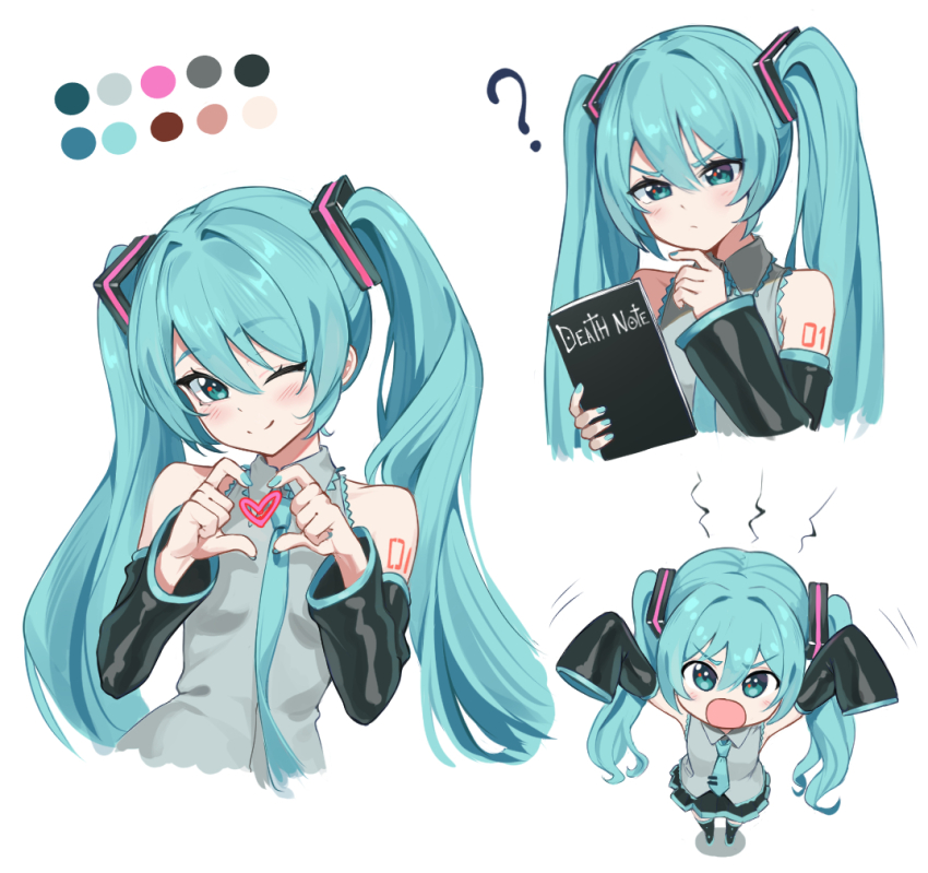 1girl ? aqua_eyes aqua_hair aqua_nails aqua_necktie aqua_trim arm_tattoo bare_shoulders bib_(bibboss39) black_boots black_skirt black_sleeves book boots chibi collared_shirt color_guide commentary cropped_torso death_note_(object) detached_sleeves english_commentary frilled_shirt frills from_above grey_shirt hair_between_eyes hair_intakes hair_ornament hand_on_own_chin hatsune_miku heart heart_hands holding holding_book looking_at_object looking_at_viewer multiple_views necktie number_tattoo pleated_skirt shadow shirt sidelocks simple_background skirt sleeveless sleeveless_shirt sleeves_past_wrists tattoo thigh_boots twintails vocaloid waving_arms white_background wide_sleeves