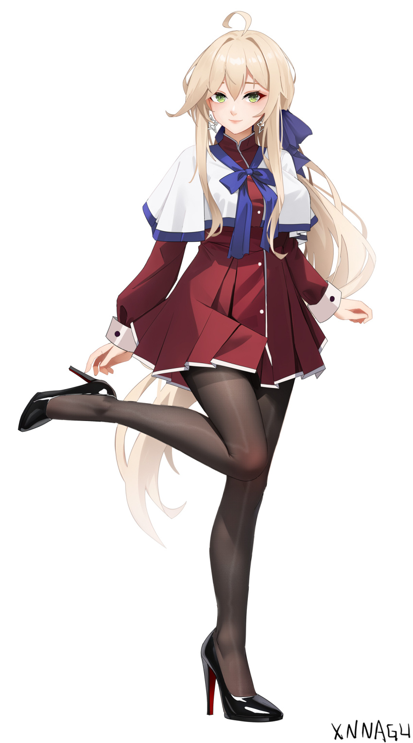 1girl ahoge black_pantyhose black_shoes blonde_hair blue_bow bow breasts capelet chinese_commentary commentary_request cosplay dress earrings green_eyes hair_bow high_heels highres jewelry kanon kawasumi_mai kawasumi_mai_(cosplay) large_breasts long_hair long_sleeves looking_at_viewer low_ponytail missouri_(warship_girls_r) pantyhose patent_heels ponytail pumps red_dress red_soles school_uniform shoes short_dress smile solo star_(symbol) star_earrings very_long_hair warship_girls_r white_capelet xnnagu