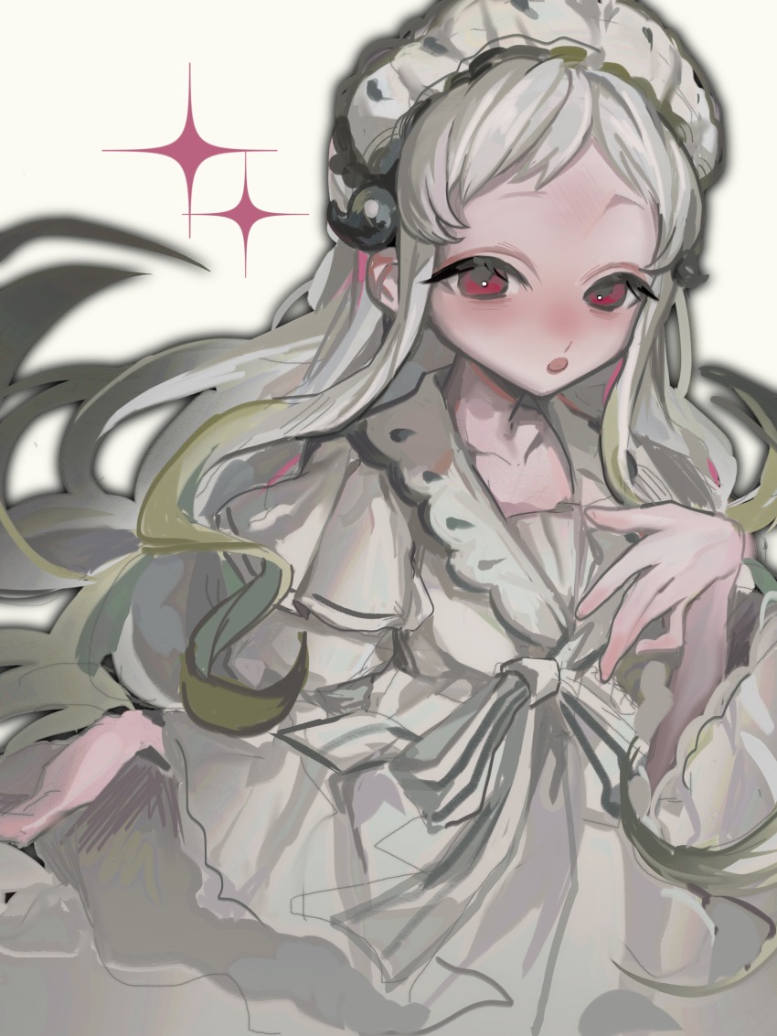 1girl absurdres character_request check_character chinese_commentary colored_tips commentary_request dress forehead gao_tongren_wanjiebufu green_hair highres jibaku_shounen_hanako-kun long_sleeves maid_headdress multicolored_hair open_mouth red_eyes short_bangs simple_background solo sparkle upper_body white_background white_dress white_hair yashiro_nene