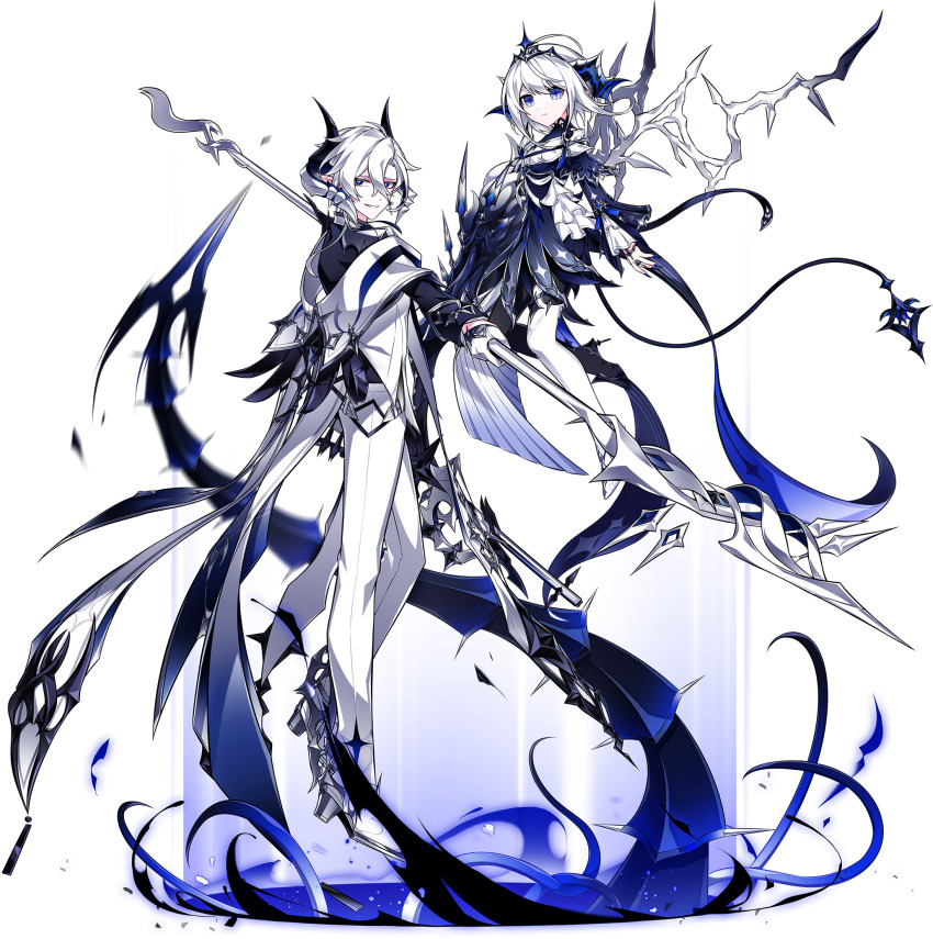1boy 1girl belt black_belt black_cape black_dress black_horns black_horse black_shirt black_tiara boots cape ciel_(elsword) coat coattails demon_boy demon_horns dot_nose dress dress_pants dual_wielding elsword expressionless floating frilled_dress frilled_sleeves frills full_body game_cg gloves hair_between_eyes high_heel_boots high_heels highres holding holding_polearm holding_weapon horns hwansang jewelry long_hair long_sleeves luciela_r._sourcream official_art pants parted_lips pointy_ears polearm ring second-party_source shawl shirt short_dress short_hair smirk smug tachi-e thighhighs tiara transparent_background weapon white_boots white_coat white_gloves white_hair white_pants white_shawl white_thighhighs wrist_belt