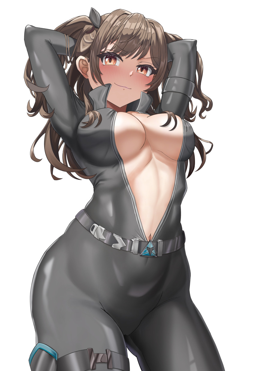 1girl absurdres arms_behind_head belt black_bodysuit blush bodysuit breasts brown_dust_(series) brown_dust_2 brown_eyes brown_hair cleavage closed_mouth eyebrows_hidden_by_hair highres large_breasts looking_at_viewer medium_hair navel official_alternate_costume scheherazade_(brown_dust) scheherazade_(code_name_s)_(brown_dust) short_twintails simple_background smile solo thigh_strap twintails underboob unzipped white_background xdl