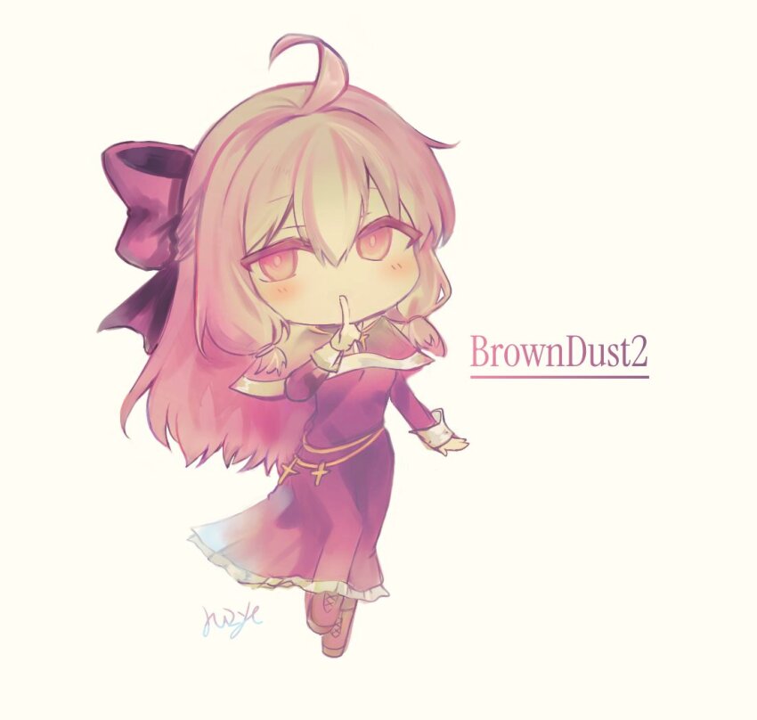 1girl ahoge black_capelet black_dress black_ribbon blush_stickers brown_dust_(series) brown_dust_2 brown_shoes capelet chibi copyright_name dress eyebrows_hidden_by_hair finger_to_mouth full_body hair_between_eyes hair_ribbon liberta_(brown_dust_2) liberta_(dark_saintess)_(brown_dust_2) looking_at_viewer nun pink_hair red_eyes ribbon ruzyeria shoes shushing signature simple_background solo tiptoes white_background