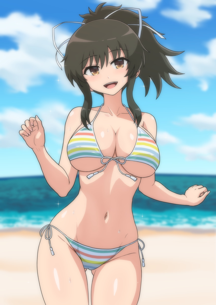 1girl asuka_(senran_kagura) beach bikini black_hair blue_sky blurry blurry_background breasts brown_eyes cameltoe cleavage cloud day front-tie_bikini_top front-tie_top gluteal_fold hair_ribbon halterneck highres kinnan large_breasts long_hair looking_at_viewer multicolored_bikini multicolored_stripes navel ocean open_mouth outdoors ponytail rainbow_bikini revision ribbon senran_kagura senran_kagura_shoujo-tachi_no_shin&#039;ei short_ponytail side-tie_bikini_bottom sidelocks sky solo string_bikini striped_bikini striped_clothes swimsuit white_ribbon
