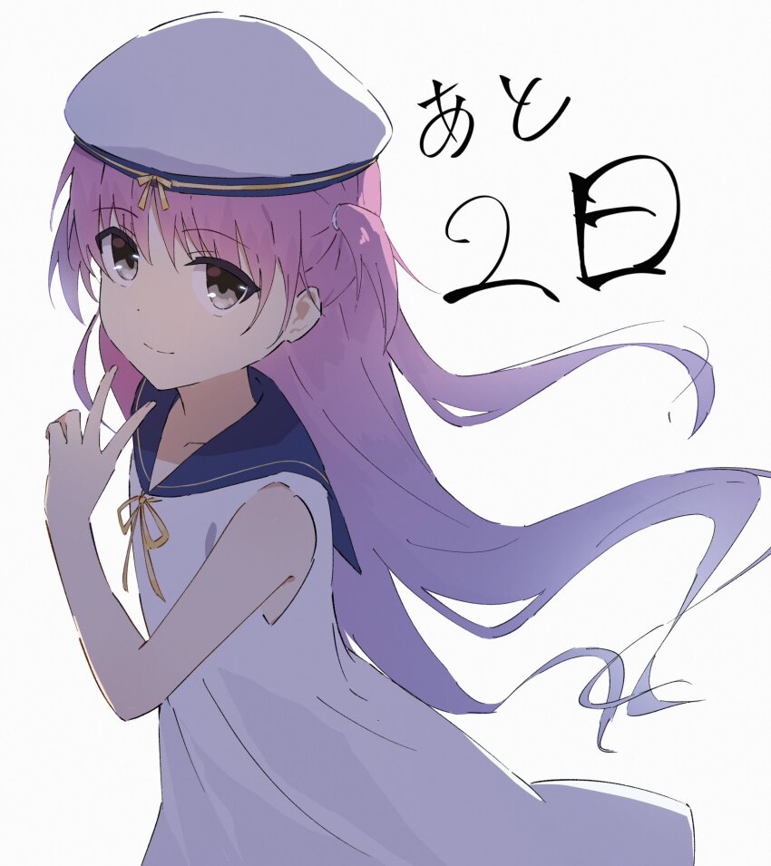 1girl backlighting blue_sailor_collar child closed_mouth commentary_request cowboy_shot dress emu_shido eyes_visible_through_hair floating_hair grey_eyes hair_between_eyes hand_up hat highres katou_umi long_hair looking_at_viewer pink_hair ribbon sailor_collar sailor_dress sailor_hat simple_background sleeveless sleeveless_dress smile solo split_mouth summer_pockets two_side_up v white_background white_dress white_hat yellow_ribbon