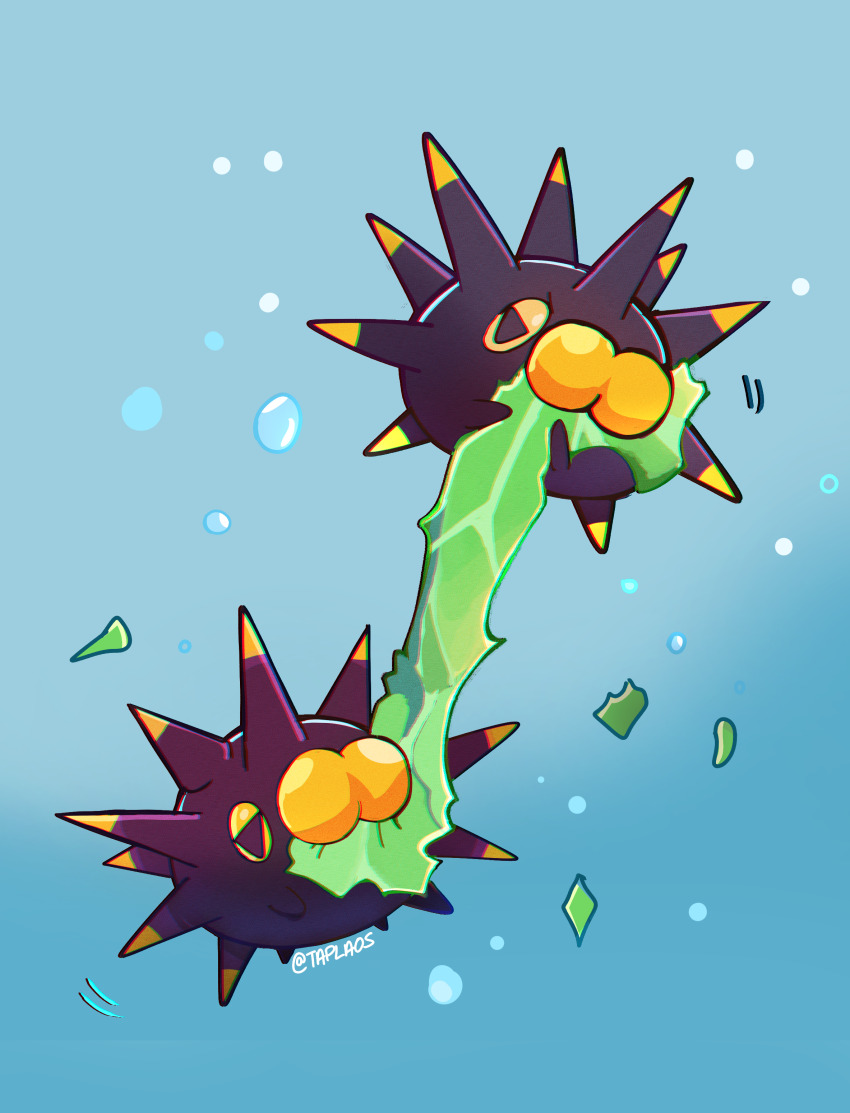 &gt;:( absurdres animal_focus artist_name blue_background chromatic_aberration commentary eating english_commentary fighting fighting_over_food food_in_mouth food_particles full_body gen_8_pokemon highres lettuce motion_lines mouth_hold nintendo no_humans pincurchin pokemon pokemon_(creature) pulling sea_urchin simple_background spikes swimming taplaos tug_of_war underwater v-shaped_eyebrows yellow_eyes