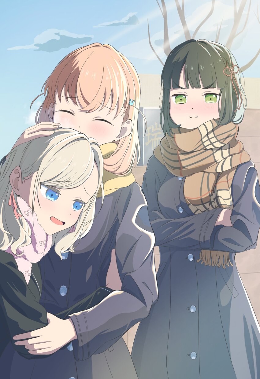 3girls :d :t absurdres bare_tree black_coat black_jacket blazer blue_eyes blue_sky blunt_bangs blush bob_cut breasts brown_scarf ceras_yanagida_lilienfeld cloud coat collared_coat cowboy_shot crossed_arms crossed_bangs day enpera flower fur_scarf green_eyes green_hair green_necktie grey_hair hair_flower hair_ornament hair_ribbon hand_on_another&#039;s_head hasu_no_sora_school_uniform highres hinoshita_kaho hug jacket link!_like!_love_live! long_hair long_sleeves looking_at_another love_live! medium_breasts medium_hair mizukawa_school_uniform momose_ginko morio_(mmorio_mu) multiple_girls necktie nose_blush open_mouth orange_hair outdoors pink_ribbon pink_scarf plaid_clothes plaid_scarf pout puffy_cheeks rabbit_hair_ornament ribbon scarf school_gateway school_uniform short_hair sky smile swept_bangs tree two_side_up unamused v-shaped_eyebrows virtual_youtuber winter_uniform