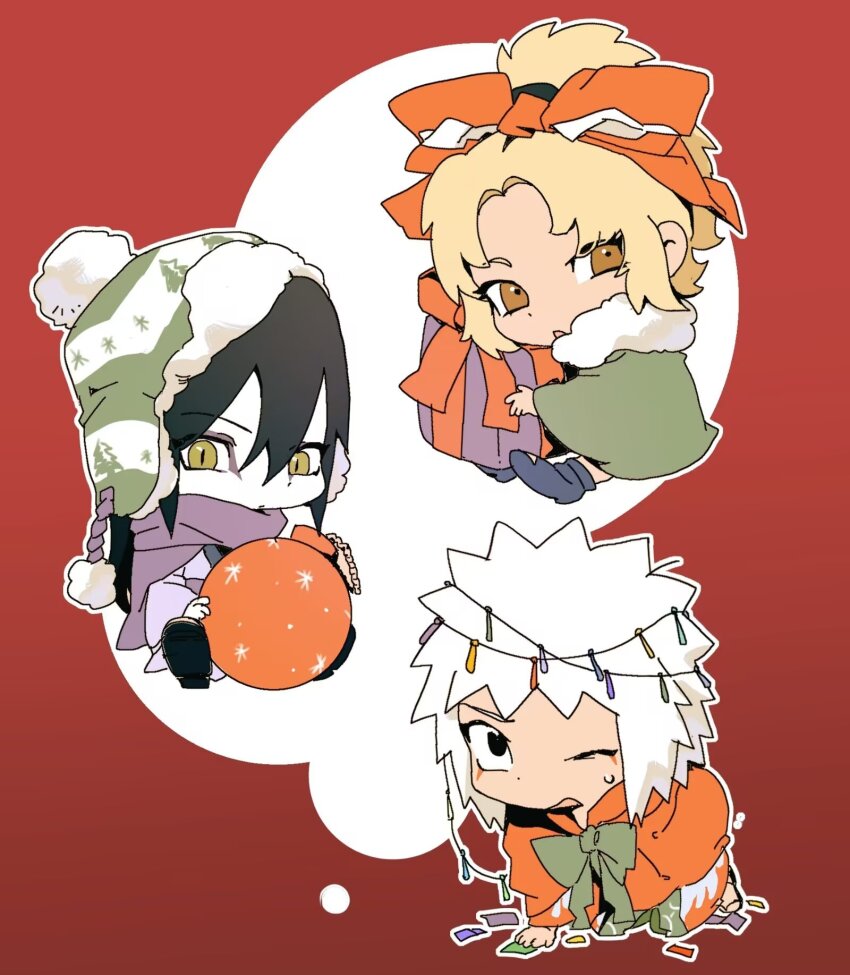 1girl 2boys alternate_costume beanie black_eyes black_hair blonde_hair bow box brown_eyes cape chibi christmas christmas_lights christmas_ornaments christmas_tree closed_mouth dot_mouth eyebrows_through_hair eyeliner facial_mark fluffy_collar gift gift_box hat highres japanese_clothes jiraiya_(naruto) kimono long_hair makeup multiple_boys naruto_(series) naruto_shippuuden one_eye_closed orochimaru_(naruto) pale_skin pom_pom_(clothes) pom_pom_beanie slit_pupils snowflakes spiked_hair sweat tsunade_(naruto) u6293 white_hair