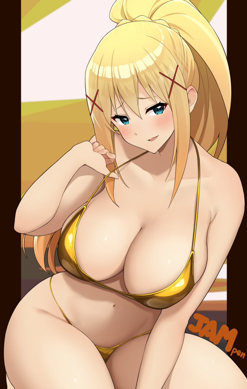 1girl alternate_costume artist_name bikini blonde_hair blue_eyes blush breasts commentary_request curvy darkness_(konosuba) gold_bikini halterneck highres jampen kono_subarashii_sekai_ni_shukufuku_wo! large_breasts long_hair looking_at_viewer navel pillarboxed ponytail sidelocks smile solo stomach string_bikini swimsuit thighs very_long_hair