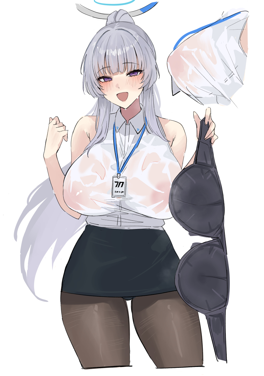 1girl absurdres black_bra black_pantyhose black_skirt blue_archive blush bra breasts commentary covered_erect_nipples english_commentary grey_hair halo hangetsu15 highres id_card large_breasts long_hair looking_at_viewer mechanical_halo multiple_views noa_(blue_archive) open_mouth pantyhose pencil_skirt ponytail purple_eyes see-through_clothes see-through_shirt shirt simple_background skirt smile solo underwear unworn_bra wet wet_clothes wet_shirt white_background white_shirt