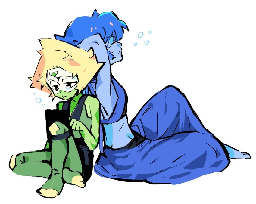 2girls arms_behind_head back-to-back barefoot blonde_hair blue_hair blue_shirt blue_skin blue_skirt closed_eyes colored_skin forehead_jewel full_body green_leotard green_skin halter_shirt halterneck holding holding_tablet_pc lapis_lazuli_(steven_universe) leotard midriff multiple_girls peridot_(steven_universe) shirt short_hair simple_background sitting skirt steven_universe sunnyirry tablet_pc white_background