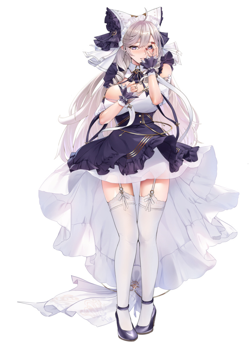 1girl absurdres ahoge algerie_(azur_lane) animal_ears apron azur_lane blush breasts cheshire_(azur_lane) cheshire_(azur_lane)_(cosplay) cleavage commission cosplay detached_sleeves dress drill_hair earrings fake_animal_ears frills full_body garter_straps grey_hair grin hair_between_eyes hand_on_own_chest hand_on_own_face hands_up high_heels highres jewelry large_breasts long_hair looking_at_viewer maid maid_headdress mole mole_under_eye noshiro_tomoya panties pixiv_commission puffy_detached_sleeves puffy_sleeves purple_apron purple_eyes purple_footwear ribbon see-through_clothes smile solo standing thighhighs twin_drills underwear white_dress white_garter_straps white_panties white_ribbon white_thighhighs wrist_cuffs