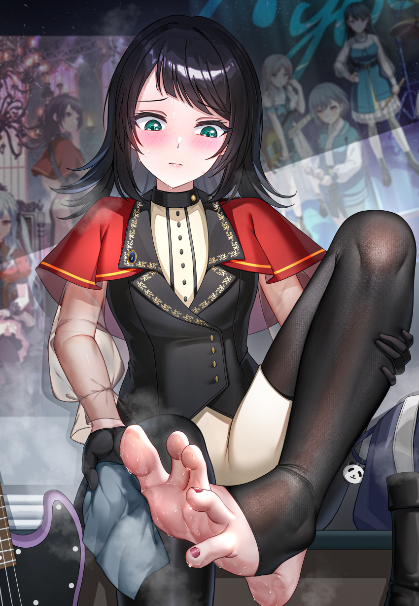 1girl absurdres bang_dream! bang_dream!_it&#039;s_mygo!!!!! barefoot black_hair blush boots feet gloves green_eyes guitar highres instrument long_hair parted_lips reiku09 shoes smell soles steam stirrup_legwear sweat toeless_legwear toes unworn_boots unworn_shoes yahata_umiri