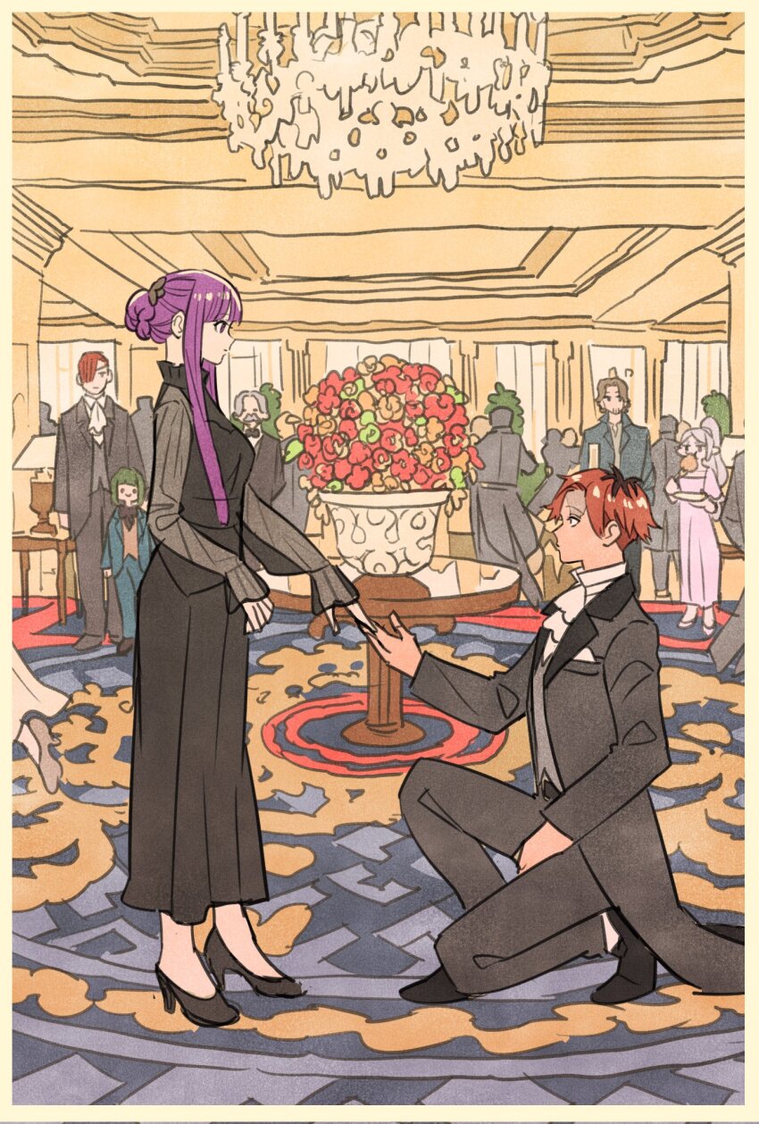 2girls 3boys black_bow black_bowtie black_dress black_footwear bob_cut bow bowtie brown_hair chandelier character_request dancing dress eating facial_hair fern_(sousou_no_frieren) flower food frieren gabel_(sousou_no_frieren) goatee_stubble green_hair hair_bun hair_over_one_eye high_heels highres holding holding_food holding_hands indoors kneeling multiple_boys multiple_girls mustache orden_(sousou_no_frieren) people pink_dress ponytail purple_eyes red_hair scar scar_on_face see-through_clothes see-through_sleeves sein_(sousou_no_frieren) sidelocks sousou_no_frieren stark_(sousou_no_frieren) stubble tailcoat takeuchi_ryousuke