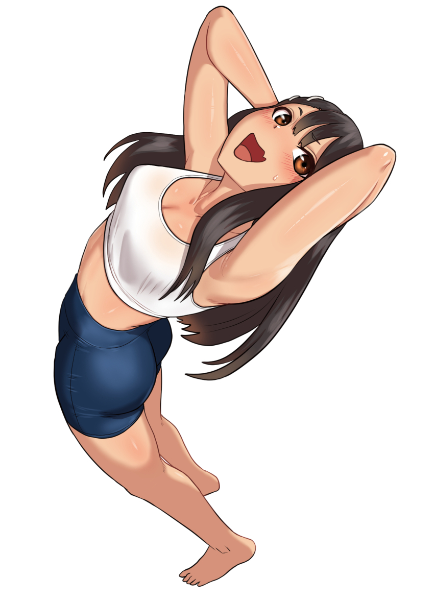 armpits ass black_hair breasts dark-skinned_female dark_skin full_body highres legs long_hair nagatoro_hayase semi-nude shorts