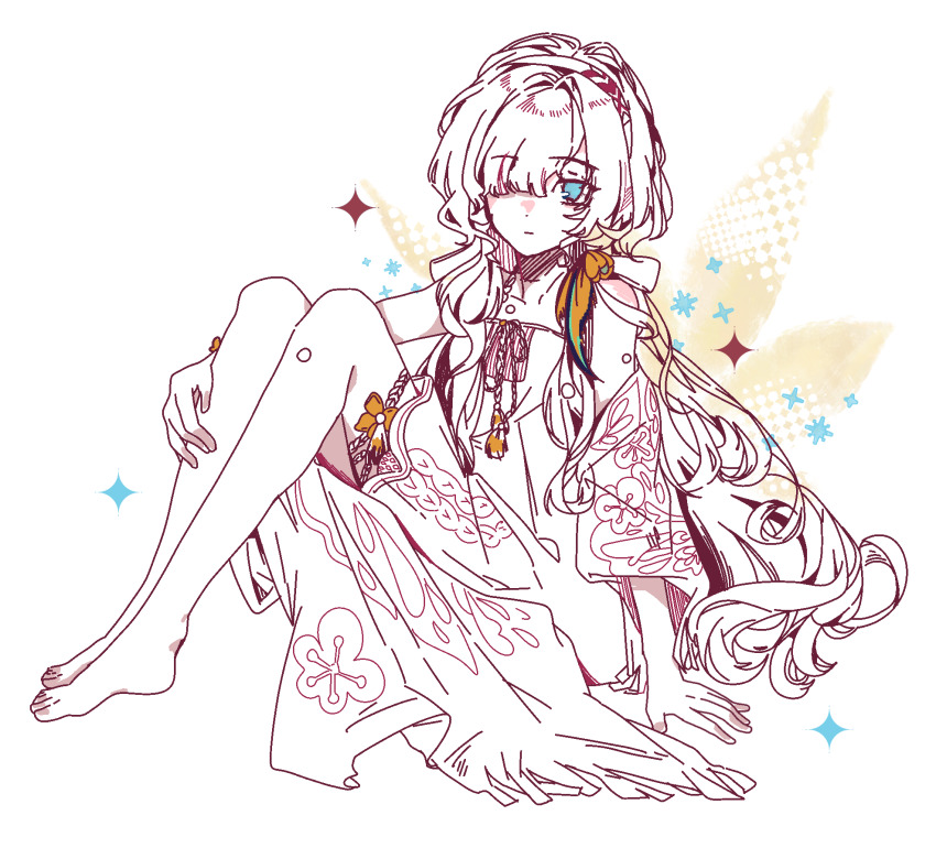 1girl arm_support barefoot blue_eyes bow capelet dress flat_color full_body hair_bow hair_over_one_eye hairband hand_on_own_leg highres knees_up long_hair looking_at_viewer low_twintails official_alternate_costume one_eye_covered partially_colored reverse:1999 short_dress sitting sleeveless sleeveless_dress solo sparkle twintails very_long_hair white_background yellow_bow yenisei_(around_the_riverbend)_(reverse:1999) yenisei_(reverse:1999) zaixian_zuomeng