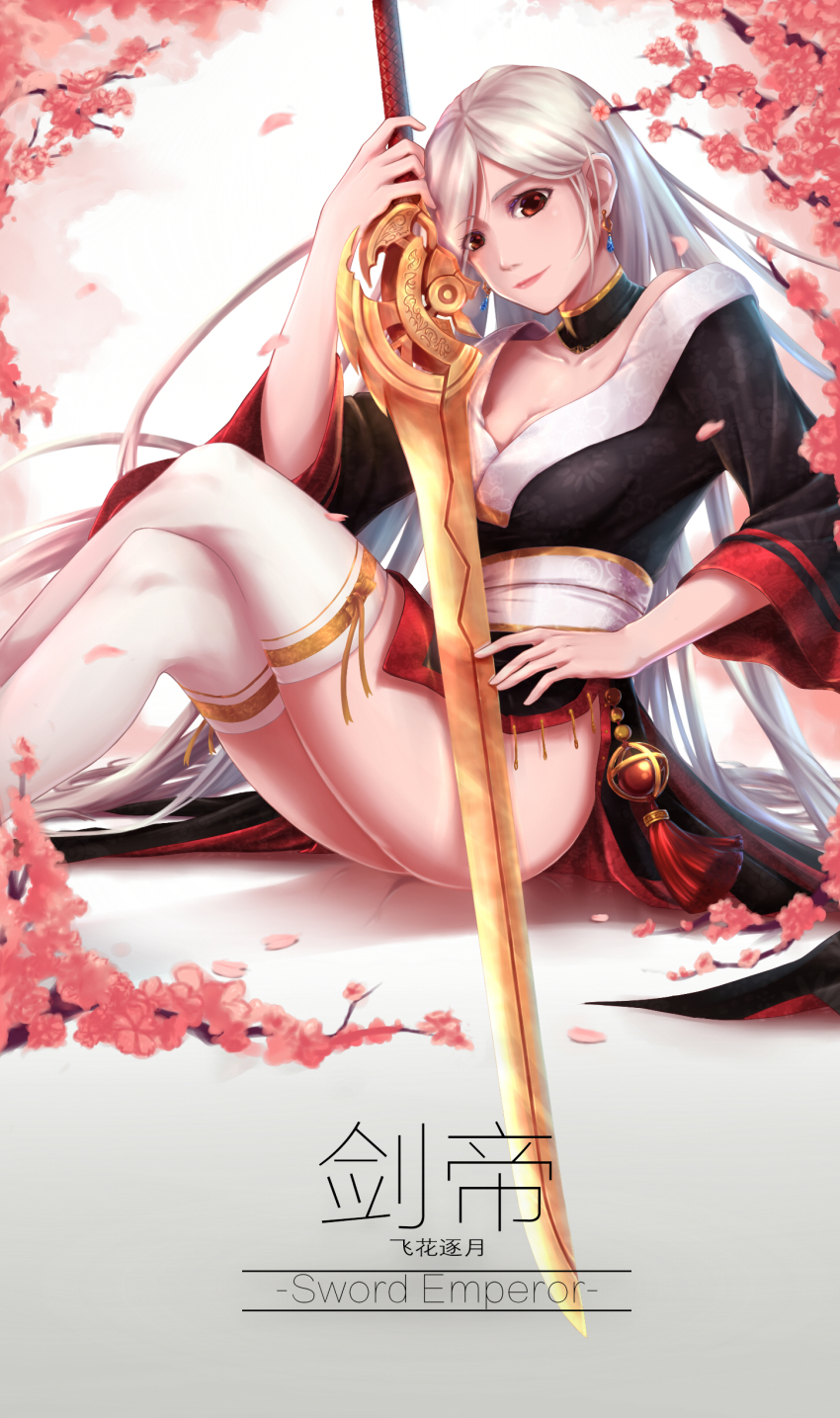 1girl absurdres breasts choker cleavage demon_girl dungeon_and_fighter earrings eyes_visible_through_hair female_slayer_(dungeon_and_fighter) flower highres holding holding_weapon japanese_clothes jewelry long_hair mr._shibasaki_(sakuraba_tsukimi) red_eyes silver_hair sitting sword thighhighs vagabond vagabond_(dungeon_and_fighter) weapon white_thighhighs