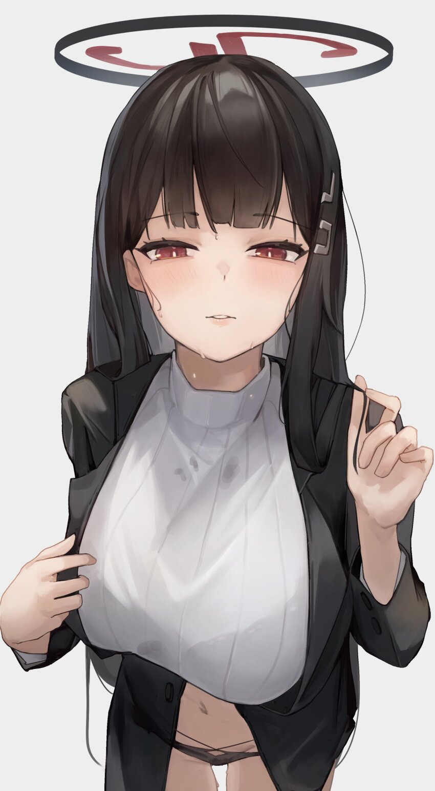 1girl absurdres black_hair black_halo black_jacket blue_archive blunt_bangs blush breasts bright_pupils closed_mouth grey_background hair_ornament hairclip hairpin halo highres jacket jun_daniell large_breasts long_hair long_sleeves looking_at_viewer multicolored_halo navel panties parted_lips red_eyes rio_(blue_archive) see-through_clothes shirt simple_background solo sweat sweatdrop sweater turtleneck turtleneck_sweater two-tone_halo underwear white_pupils white_sweater