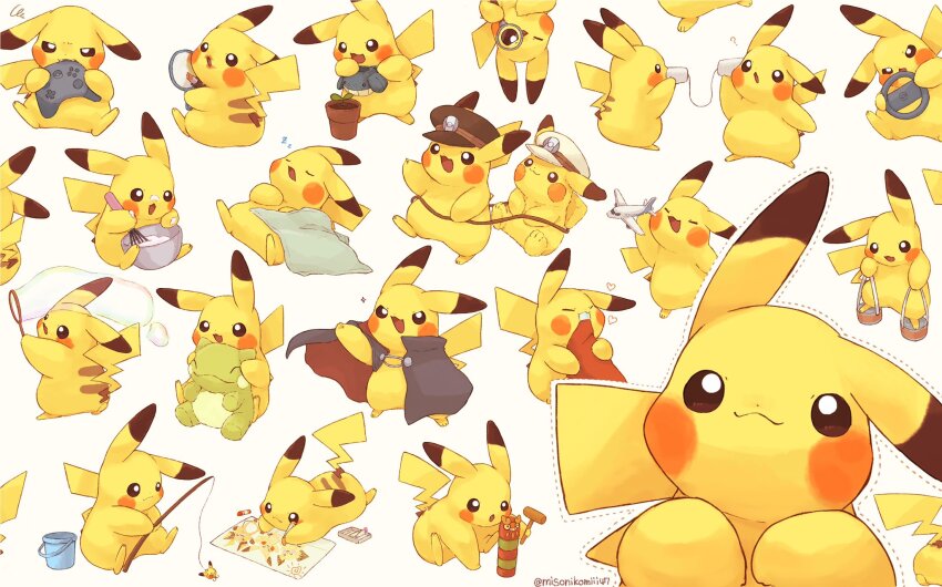 aircraft airplane animal_ears artist_name bottle bowl bubble bubble_wand cape cloak closed_eyes clothed_pokemon colored_skin cosplay crayon dot_nose emmet_(pokemon) emmet_(pokemon)_(cosplay) fishing_rod flower_pot gen_1_pokemon gen_2_pokemon gen_3_pokemon hammer hat heart highres holding holding_bottle holding_bowl holding_crayon holding_fishing_rod holding_whisk ingo_(pokemon) ingo_(pokemon)_(cosplay) ketchup lance_(pokemon) lance_(pokemon)_(cosplay) lipstick looking_at_viewer magnifying_glass makeup mirror misonikomiii mixing model multiple_views nintendo no_humans open_mouth paper peaked_cap pichu pikachu pokemon pokemon_(creature) raichu red_lips sleeping squiggle string_phone stuffed_toy substitute_(pokemon) tail themed_object toy twitter_username wailmer wailmer_pail watering_can whisk white_background yellow_skin zzz