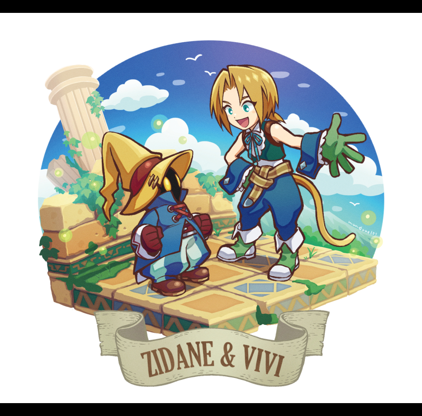 2boys :d blonde_hair blue_coat blue_pants blue_sky blue_wrist_cuffs boots brick brown_boots character_name chibi chibi_only cloud coat cropped_vest eyes_visible_through_hair final_fantasy final_fantasy_ix gloves green_eyes green_gloves green_shoes green_vest hat highres lace-up lace-up_top low_ponytail male_focus monkey_tail multiple_boys nomo96 open_mouth outdoors pants parted_bangs ponytail puffy_pants shoes short_ponytail sky smile striped_clothes striped_pants tail vertical-striped_clothes vertical-striped_pants vest vivi_ornitier white_pants wizard_hat wrist_cuffs yellow_eyes zidane_tribal