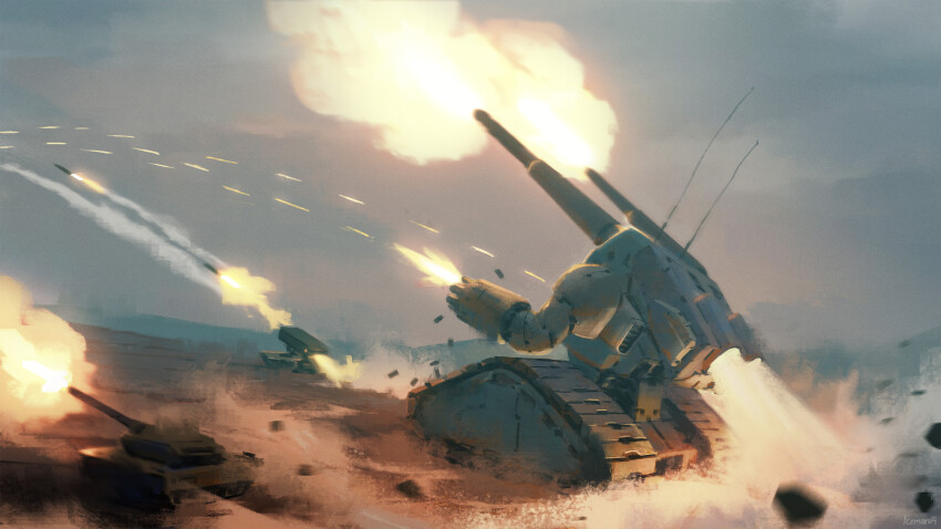 absurdres artist_name casing_ejection caterpillar_tracks commentary desert english_commentary exhaust firing gatling_gun gundam guntank highres icemarv14 mecha mecha_focus military_vehicle missile_pod mobile_suit_gundam motor_vehicle no_humans outdoors overcast radio_antenna robot science_fiction shell_casing shoulder_cannon sky tank thrusters war