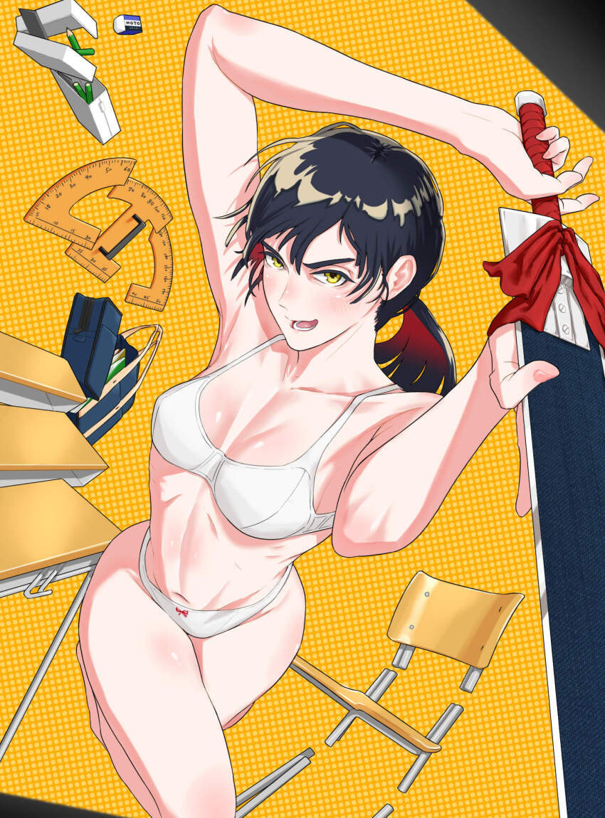 bare_shoulders black_hair bra breasts chainsaw_man chair eraser highres holding holding_sword holding_weapon looking_at_viewer medium_breasts mitaka_asa navel panties ponytail ribbon shiizuu_(multi_mirror) smug sword table thighs underwear underwear_only weapon white_panties yellow_eyes