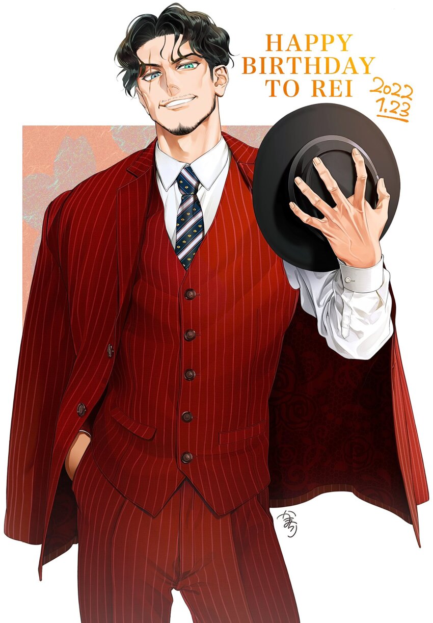 1boy adam&#039;s_apple amayado_rei beard black_hair black_hat blue_necktie character_name cheekbones collared_shirt contrapposto cowboy_shot curtained_hair diagonal-striped_clothes diagonal-striped_necktie dress_pants english_text facial_hair fedora fingernails floral_print formal_clothes green_eyes grey_eyes grin hand_in_pocket hand_up happy_birthday hat head_tilt heterochromia highres holding holding_unworn_clothes holding_unworn_hat hypnosis_mic jacket jacket_on_shoulders kamachiri long_sleeves looking_at_viewer male_focus mature_eyes mature_male mustache_stubble necktie pants parted_bangs pinstripe_jacket pinstripe_pants pinstripe_pattern pinstripe_vest red_jacket red_pants red_suit red_vest rose_print scar scar_across_eye scar_on_face shirt short_hair sideburns signature simple_background smile solo striped_clothes stubble suit two-sided_fabric unworn_hat unworn_headwear v-shaped_eyebrows veins veiny_hands vest wavy_hair white_background white_shirt