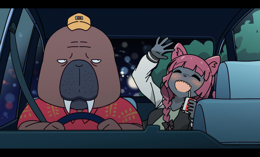 1boy alcohol baseball_cap black_bow black_jacket blunt_bangs blush bocchi_the_rock! bow car car_interior cat closed_eyes crossover driving drunk furry furry_female furry_male goumonsha hair_bow hair_over_shoulder hat highres hiroi_kikuri holding_carton jacket long_hair long_sleeves motor_vehicle multicolored_jacket odd_taxi odokawa_hiroshi open_clothes open_jacket open_mouth red_hair red_shirt sake sharp_teeth shirt teeth two-tone_jacket walrus white_jacket yellow_headwear