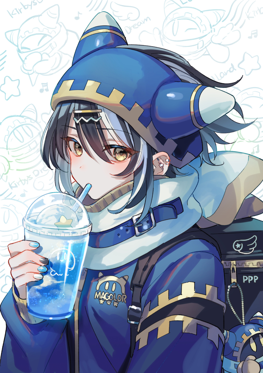 1boy absurdres backpack bag black_hair blue_coat blue_hat blush coat commentary_request cup disposable_cup drinking drinking_straw drinking_straw_in_mouth hair_between_eyes hair_ornament hairclip hat highres holding holding_cup kirby_(series) long_sleeves looking_at_viewer magolor male_focus multicolored_hair nintendo personification scarf short_hair simple_background solo suzaku_(zaku6584) two-tone_hair upper_body white_background white_hair white_scarf