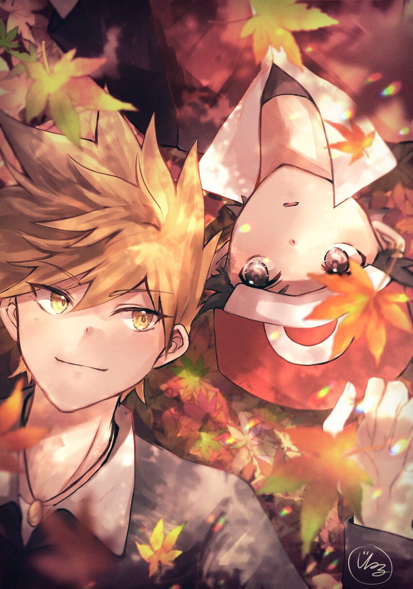 2boys absurdres autumn_leaves blue_oak collared_shirt commentary_request from_above hat highres jacket jewelry leaf male_focus multiple_boys necklace nintendo open_mouth pokemon pokemon_hgss red_(pokemon) red_hat rotational_symmetry shirt shiruko_(s1ruko) short_hair signature spiked_hair vest