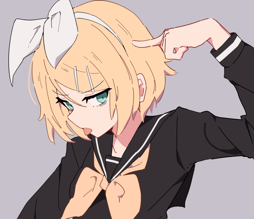 1girl bags_under_eyes black_shirt blonde_hair bow breasts collarbone commentary finger_to_head giryu green_eyes grey_background hair_bow hair_ornament hairclip hand_up highres kagamine_rin long_sleeves looking_at_viewer neckerchief sailor_collar shirt short_hair sidelocks sideways_glance simple_background small_breasts solo swept_bangs tongue tongue_out upper_body vocaloid white_bow yellow_neckerchief