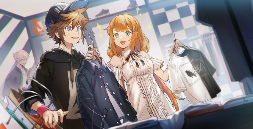 ! !! 1boy 1girl bag bare_shoulders baseball_cap black_hoodie black_ribbon blue_eyes blunt_bangs breasts brown_hair checkered_wall detached_collar detached_sleeves dress frilled_dress frills green_eyes hair_between_eyes hair_ribbon hat holding holding_unworn_clothes hood hood_down hoodie kingdom_hearts kingdom_hearts_iv long_hair long_sleeves looking_at_another low_twintails medium_breasts neck_ribbon open_mouth orange_hair ribbon shopping shopping_bag short_hair smile sora_(kingdom_hearts) sparkle spiked_hair strelitzia_(kingdom_hearts) sweatdrop twintails upper_body white_dress wristband yurichi_(artist)