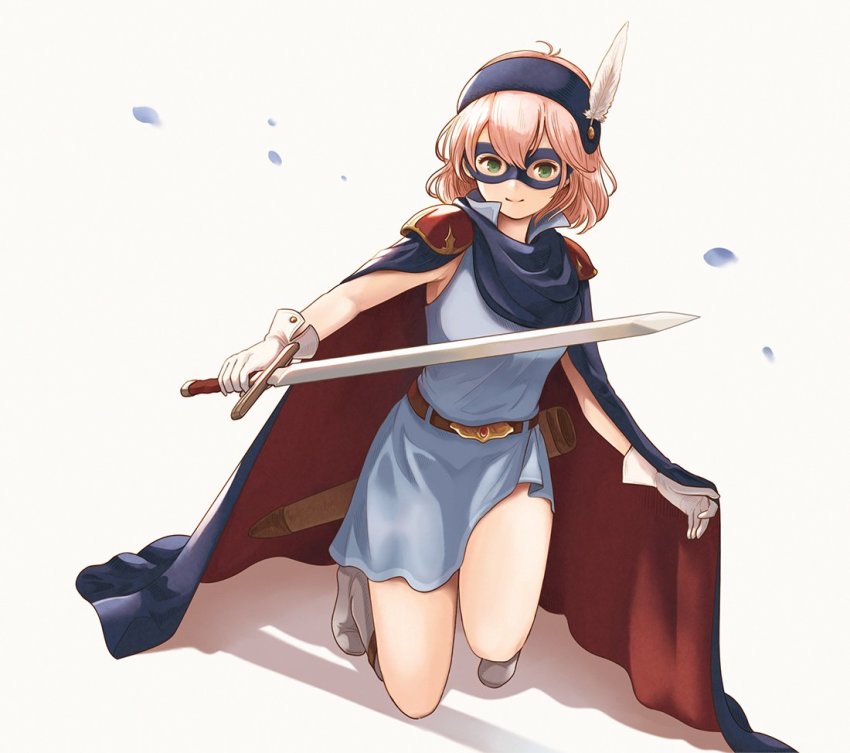 1girl belt breasts cape closed_mouth dress final_fantasy final_fantasy_v gloves green_eyes lenna_charlotte_tycoon looking_at_viewer ma-hain-scarlet mask pink_hair short_hair smile solo sword weapon