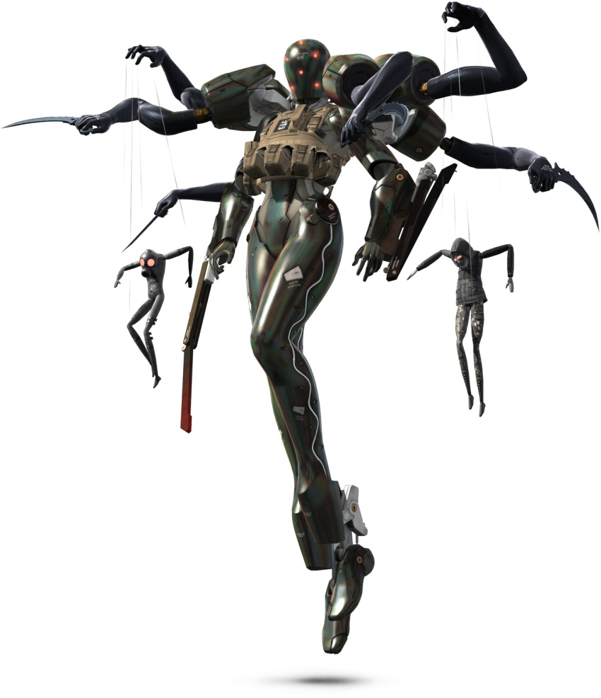 1girl 3d armor extra_arms female_focus floating full_body highres knife marionette mecha metal_gear_(series) metal_gear_solid_4:_guns_of_the_patriots power_suit psycho_mantis puppet robot screaming_mantis solo the_sorrow weapon white_background