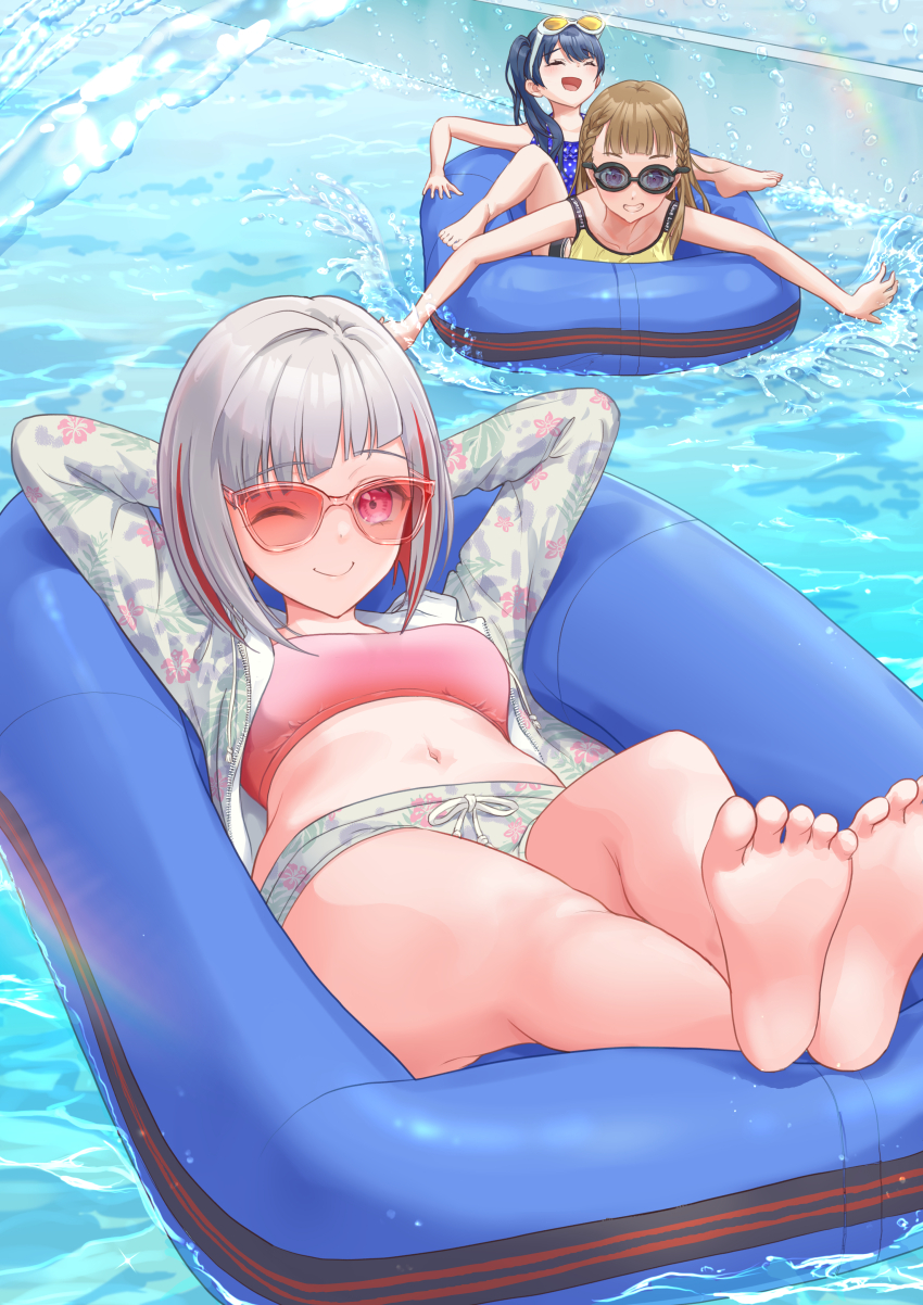 3girls :d ;) ^_^ absurdres alternate_costume arms_behind_head arms_up barefoot blue_hair blue_one-piece_swimsuit blunt_bangs bob_cut braid breasts brown_hair center-flap_bangs closed_eyes closed_mouth colored_inner_hair commentary crossed_ankles dark_blue_hair diagonal_bangs dollchestra eyewear_on_head feet floral_print full_body goggles grey_hair grin highres inflatable_raft inverted_bob jacket kachimachi_kosuzu kobassy link!_like!_love_live! long_hair looking_at_viewer love_live! lying medium_breasts midriff multicolored_hair multiple_girls murano_sayaka navel on_back one-piece_swimsuit one_eye_closed open_clothes open_jacket open_mouth pink_eyes pink_sports_bra ponytail print_jacket print_shorts raft red-tinted_eyewear red_hair red_streaks short_hair shorts side_braids smile soles split_mouth sports_bra straight_hair streaked_hair sunglasses swimsuit tinted_eyewear toes transparent-framed_eyewear virtual_youtuber waterpark white-framed_eyewear yellow-tinted_eyewear yellow_one-piece_swimsuit yugiri_tsuzuri