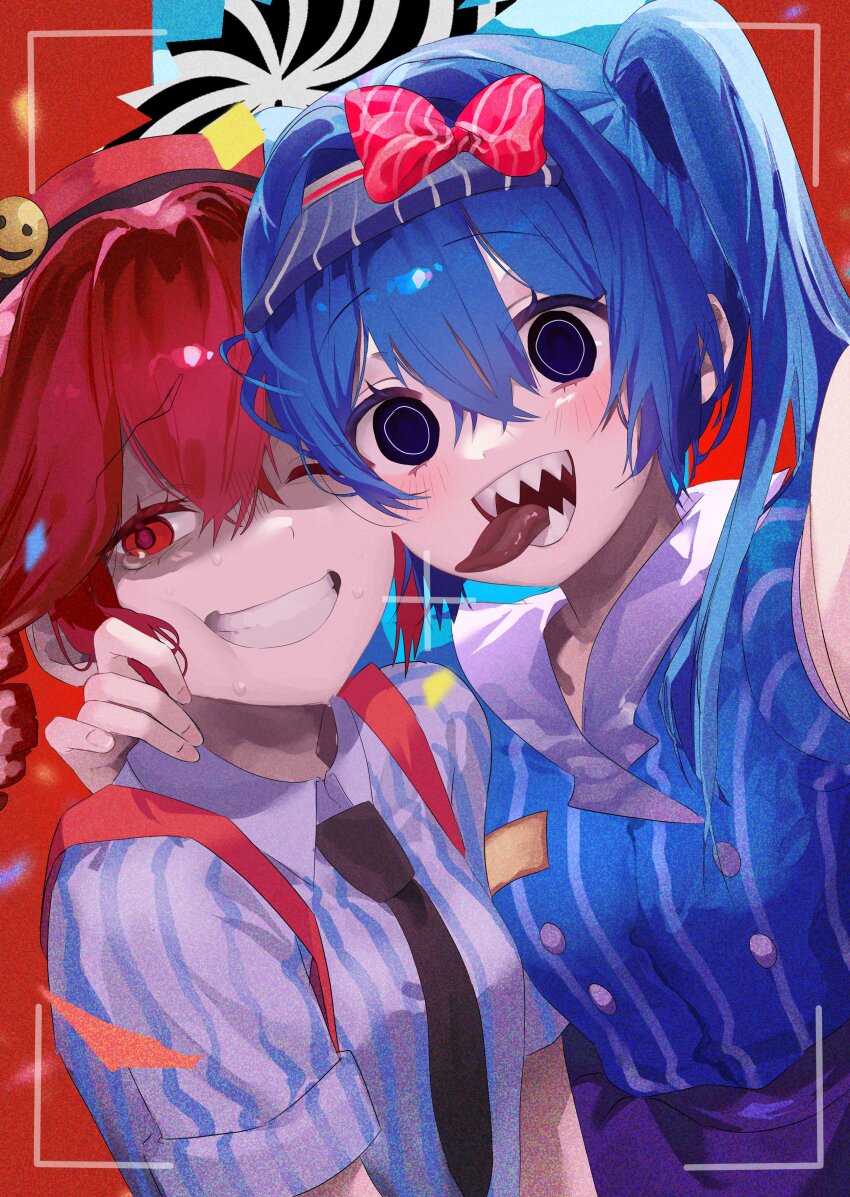 2girls :d absurdres arm_around_neck averting_eyes black_eyes black_necktie blue_background blue_dress blue_hair blue_hat blue_shirt blush border bow breasts cheek_squash commentary crazy curled_fingers diagonal-striped_bow dress drill_hair empty_eyes film_grain grin hair_between_eyes hat hat_bow hatsune_miku highres kasane_teto long_hair looking_afar looking_at_viewer looking_to_the_side masaki_(nna5qkj_oo) medium_breasts mesmerizer_(vocaloid) multiple_girls necktie nervous nervous_smile nervous_sweating one_eye_closed open_mouth outside_border raised_eyebrows red_border red_bow red_eyes red_hair red_hat scared selfie sharp_teeth shirt side-by-side small_breasts smile smiley_face striped_clothes striped_dress striped_shirt suspenders sweat tearing_up teeth tongue tongue_out twin_drills twintails two-tone_shirt upper_body utau vertical-striped_clothes vertical-striped_dress vertical-striped_shirt viewfinder visor_cap vocaloid white_border white_shirt worried