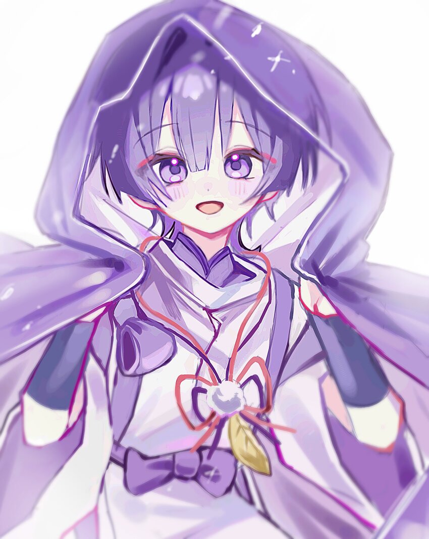 1boy armor blunt_bangs blunt_ends bow ckiows clothing_cutout eyeliner eyeshadow feathers genshin_impact hands_up highres japanese_armor japanese_clothes kariginu kimono kote kurokote long_sleeves looking_at_viewer makeup male_focus mandarin_collar open_mouth pom_pom_(clothes) purple_bow purple_eyes purple_hair purple_kimono purple_sash purple_sleeves purple_veil red_eyeliner red_eyeshadow sash scaramouche_(genshin_impact) scaramouche_(kabukimono)_(genshin_impact) shoulder_cutout solo string tasuki upper_body veil white_background white_sleeves wide_sleeves wispy_bangs yellow_feathers