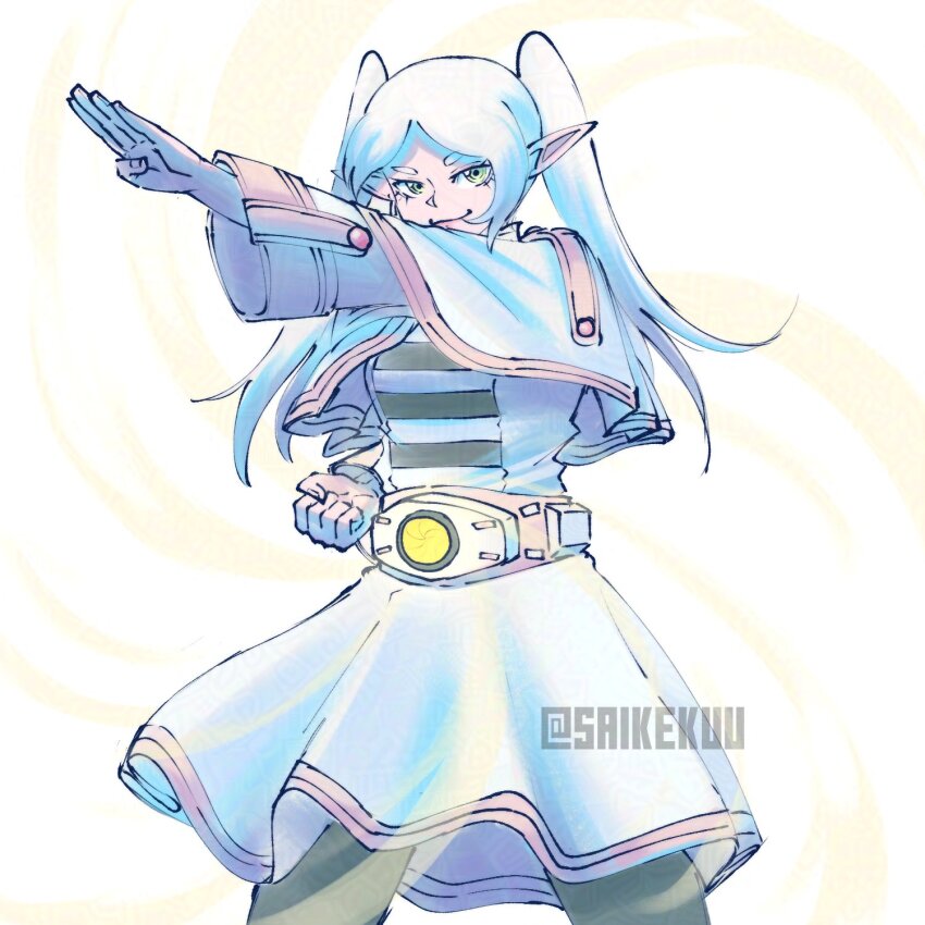1girl black_pantyhose cowboy_shot dress elf frieren green_eyes henshin_pose highres kamen_rider kamen_rider_(1st_series) pantyhose pointy_ears saikekuu simple_background solo sousou_no_frieren twitter_username typhoon_(kamen_rider) white_background white_dress white_hair