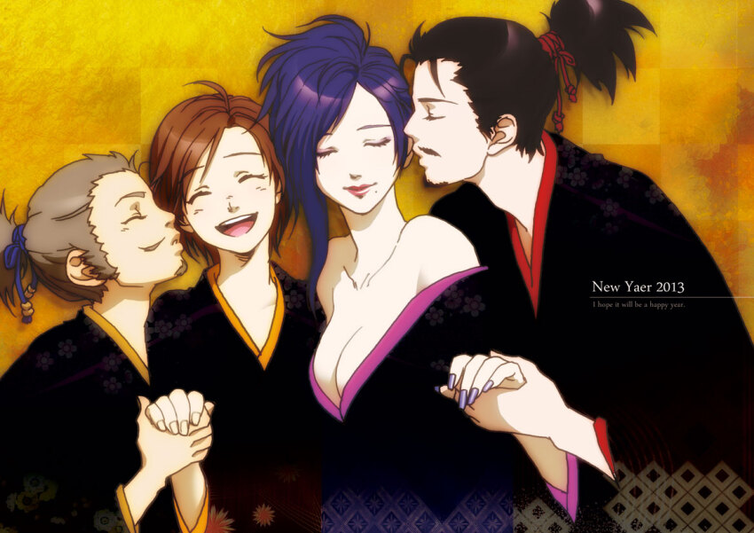 bare_shoulders beard black_hair breasts brown_hair cleavage closed_eyes dress english_text facial_hair fingernails holding_hands husband_and_wife japanese_clothes kimono kiss kissing_cheek large_breasts lips lipstick long_nails makeup mole mole_under_mouth mustache nene nouhime oda_nobunaga off-shoulder_dress off_shoulder purple_hair purple_nails sengoku_musou smile topknot toyotomi_hideyoshi
