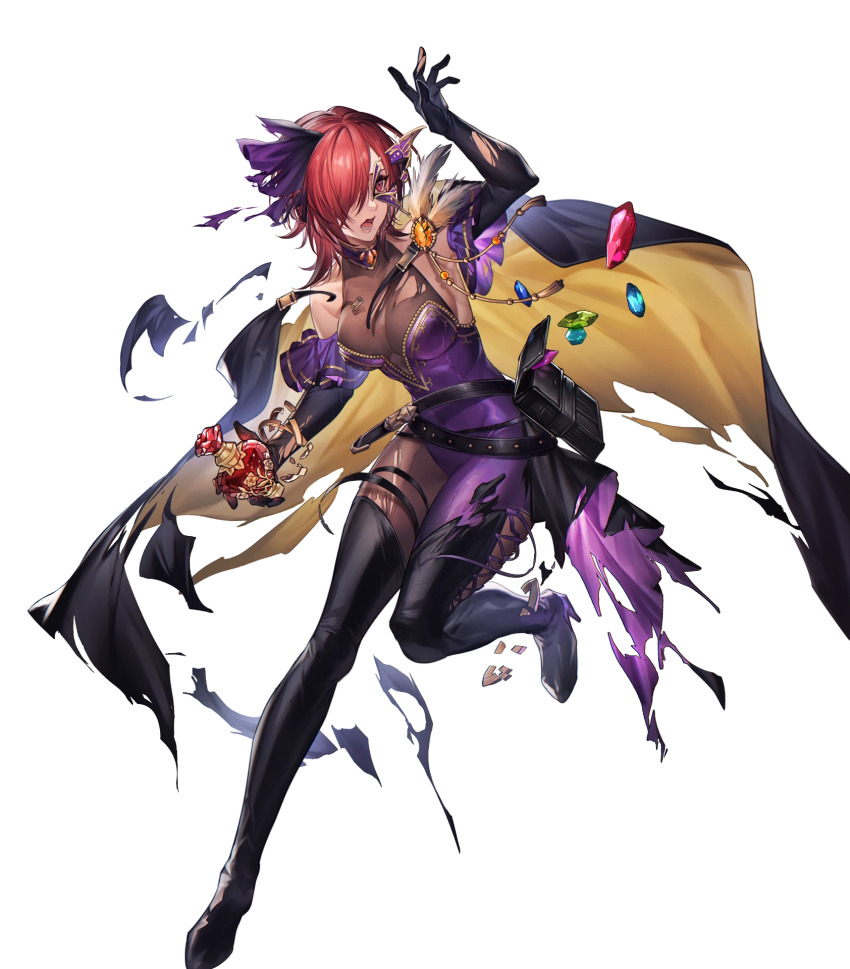 1girl artist_request belt black_gloves black_legwear boots bottle breasts cape cleavage elbow_gloves female_focus fire_emblem fire_emblem:_the_blazing_blade fire_emblem_heroes full_body gloves gold_trim hair_ornament high_heel_boots high_heels highres holding holding_bottle leila_(fire_emblem) leila_(thief)_(fire_emblem) loincloth mask matching_hair/eyes medium_breasts mole mole_under_mouth multiple_belts nintendo non-web_source official_art perfume_bottle red_eyes red_hair skin_tight solo thigh_boots torn_cape torn_clothes torn_gloves torn_loincloth transparent_background